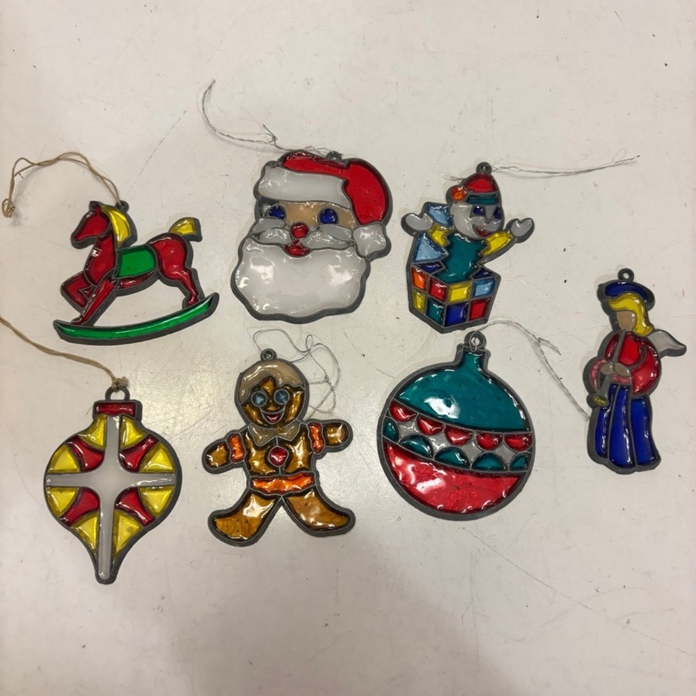 Vintage Stain Glass Christmas Ornaments, Set Of 7